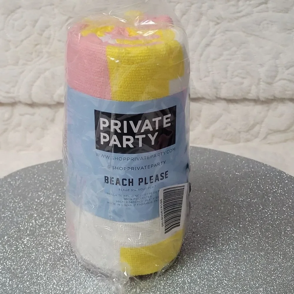 Private Party Beach Please Towel Striped Graphic Design Pink Yellow White New